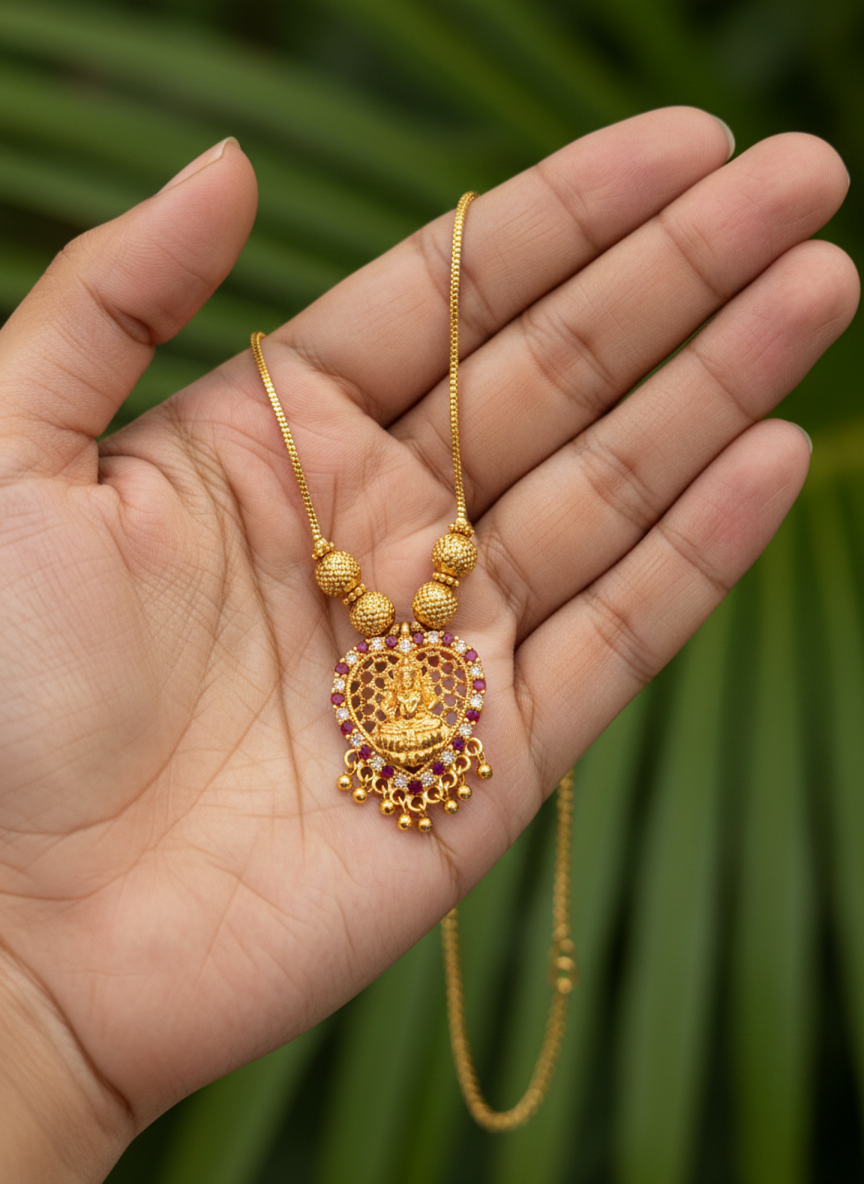Traditional Lakshmi Pendant Necklace with Pink and White stones