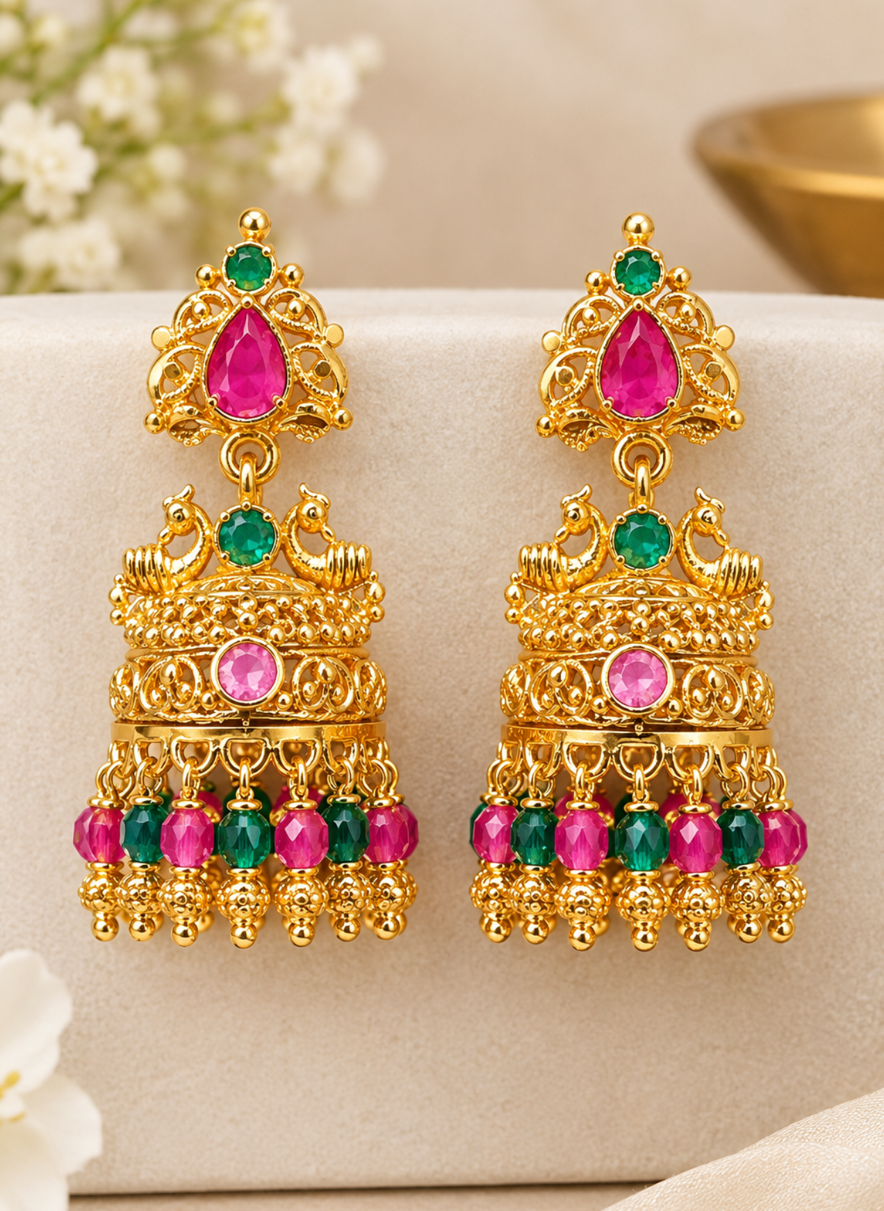 Traditional Gold-plated Peacock Kemp Stone Jhumka Earrings