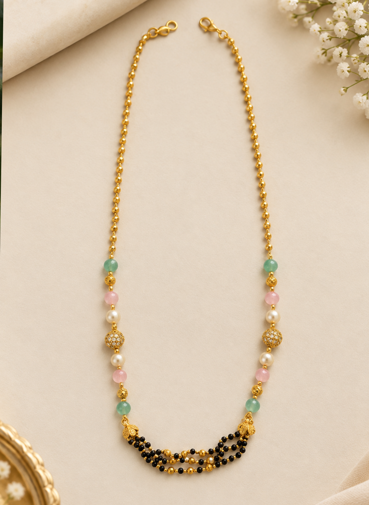 Pastel Pearl & Black Bead Layered Necklace